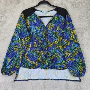 Double Click Blouse Womens Medium Blue Green Abstract Print Surplice Top USA